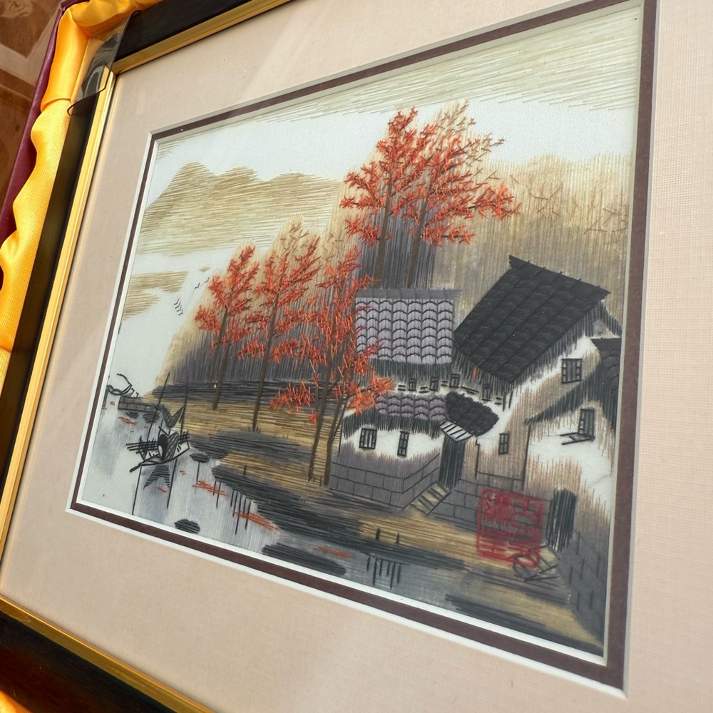 Framed Autumn Landscape Art needlepoint from Japan